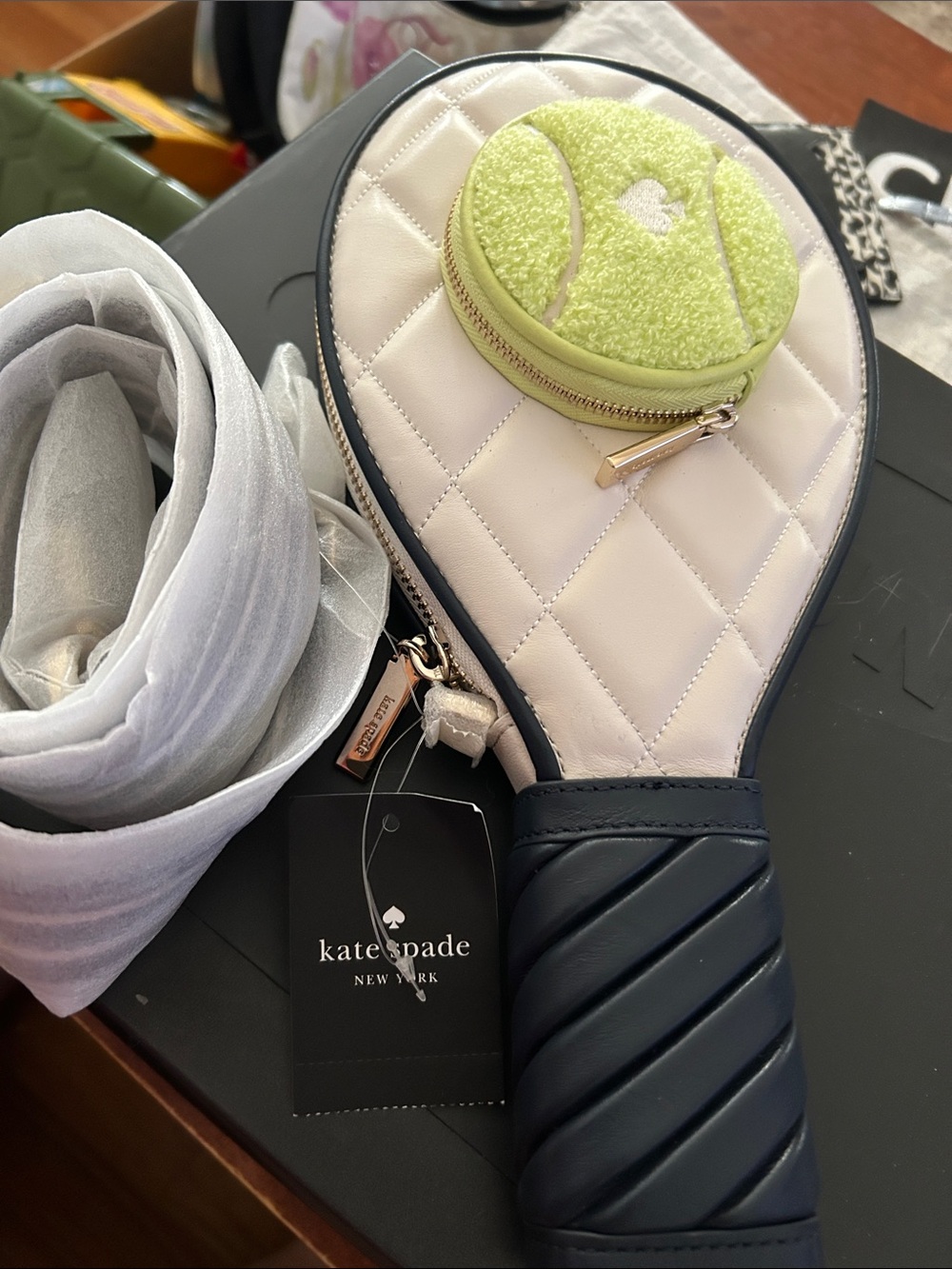 kate spade New York White & Navy Quilted Tennis Racket crossbody ba- Lime Accent